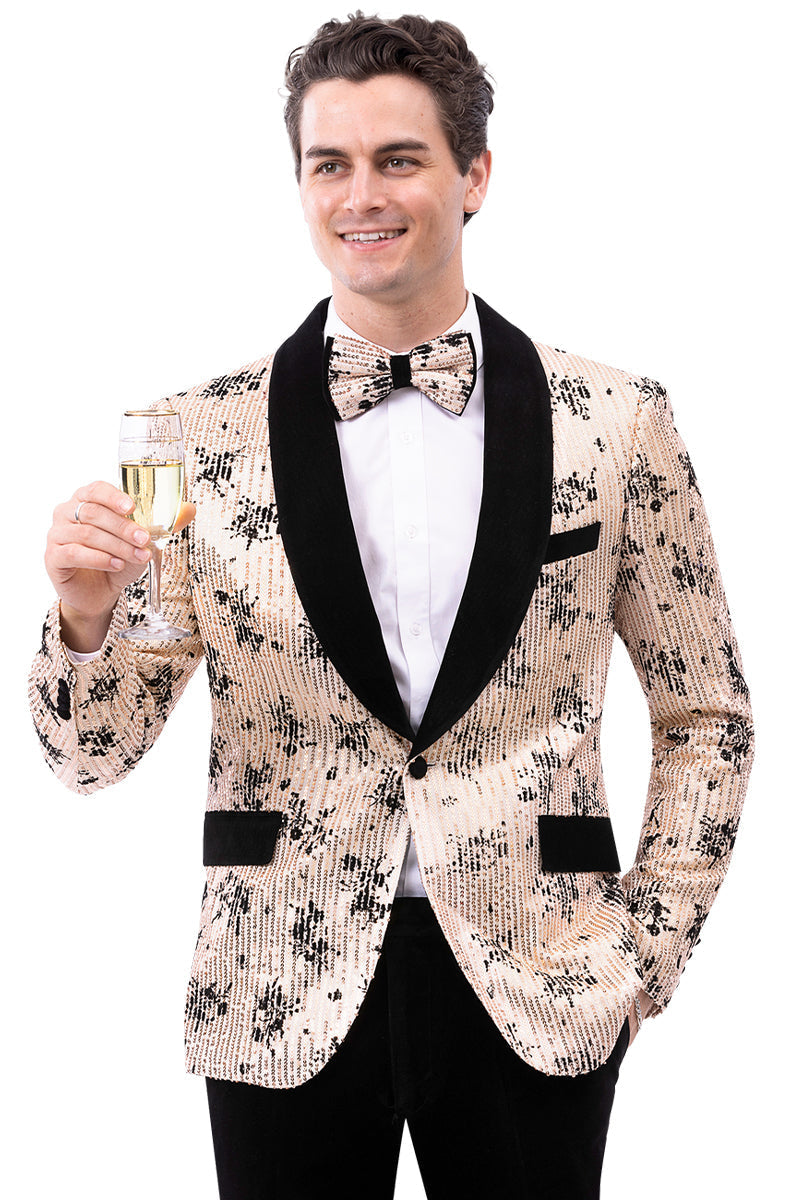 Men's Modern Fit Floral Sequin Wedding Tuxedo in Champagne Tan