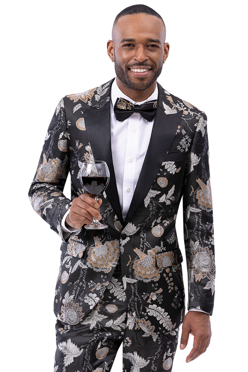 Men's One Button Peak Lapel Wedding & Prom Tuxedo Jacket in Black, Silver, & Gold Paisley