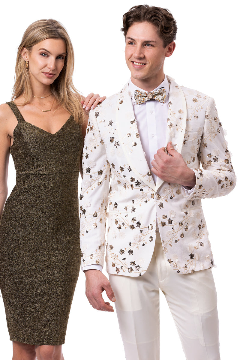 Men's Modern Fit Shawl Lapel Wedding & Prom Tuxedo in White & Gold Sequin Paisley