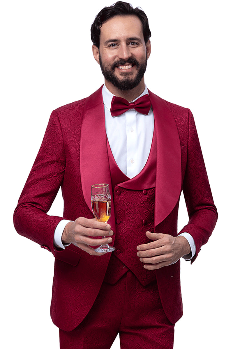 Men's Vested Shawl Lapel Wedding & Prom Tuxedo in Burgundy Wine Paisley