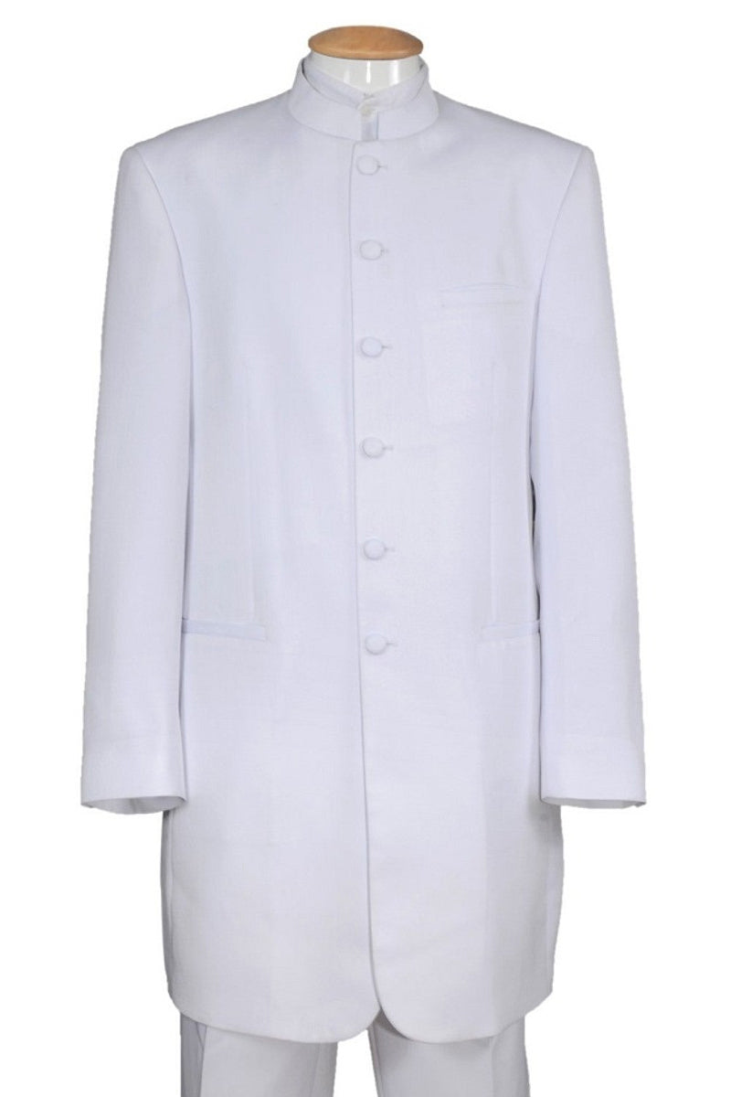"White Zoot Suit Tuxedo with Long Mandarin Collar for Men"
