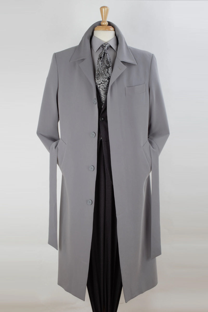 "Wool Overcoat for Men - Full Length, Belted, Grey"