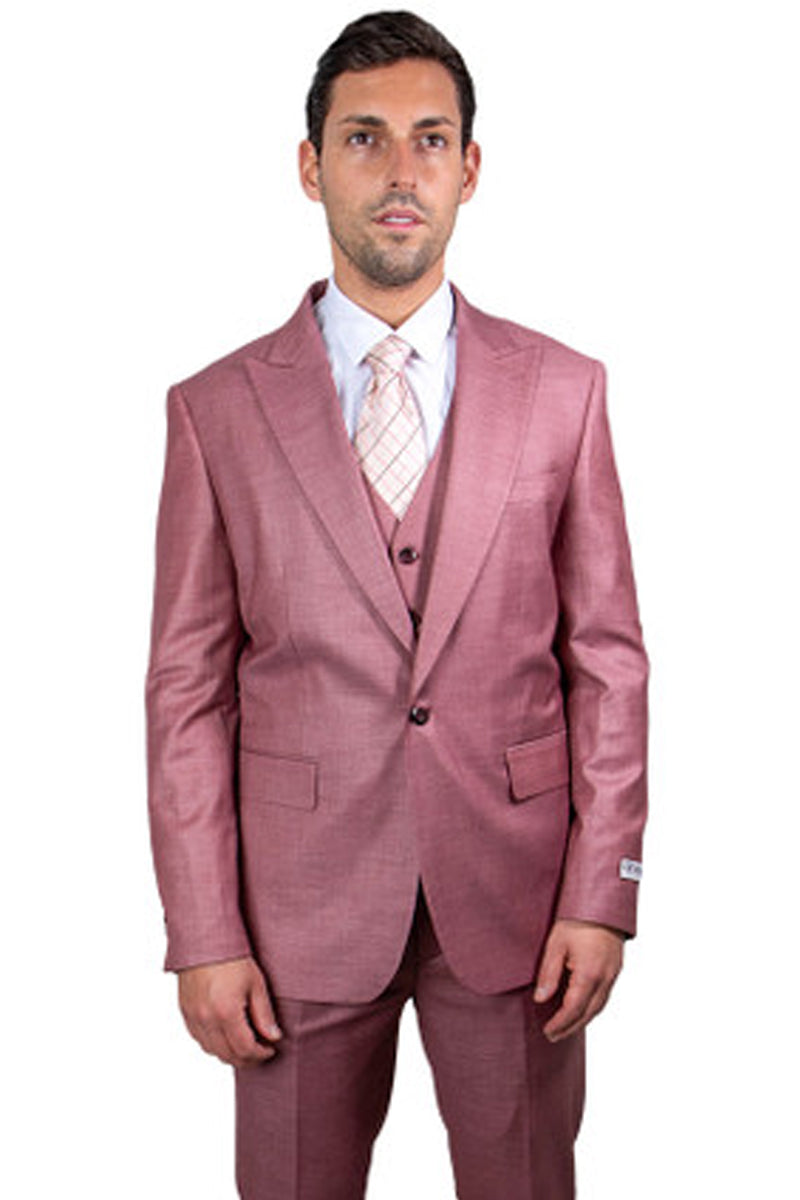 "Stacy Adams Men's Sharkskin Suit - One Button Peak Lapel Vested in Salmon Pink"