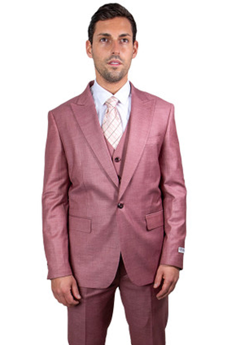 "Mens Stacy Adams Suit -Stacy Adams Suit Men's Sharkskin Suit - One Button Peak Lapel Vested in Salmon Pink" - 34 Regular