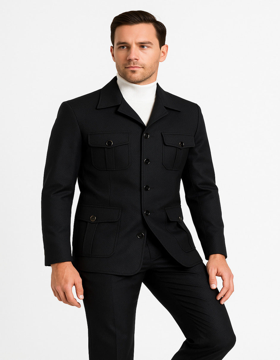 Black Safari Walking Suit for Men – Rossiman Utility Jacket and Trousers Set - Black