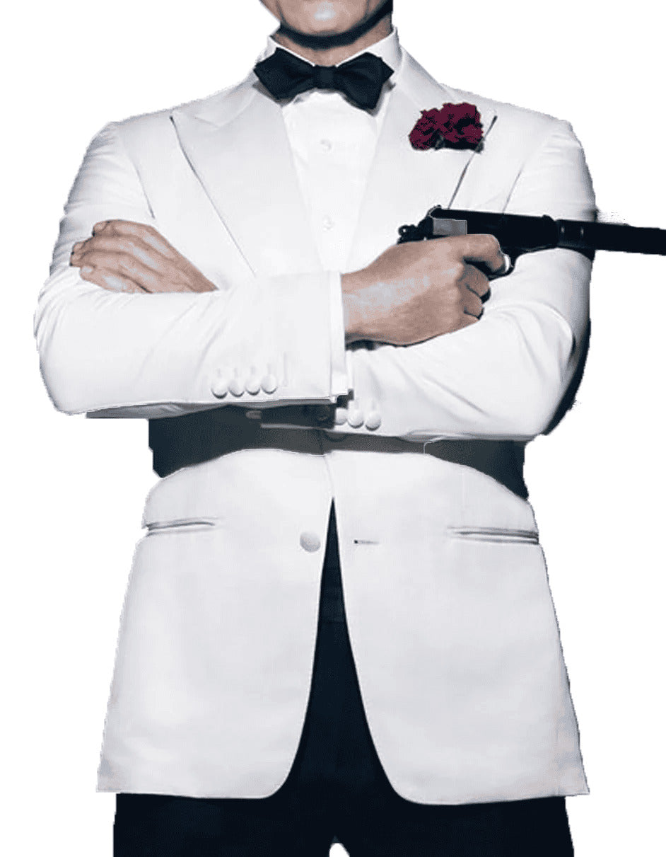 Mens 007 James Bond White  Sequin  Tuxedo - 38 Short Jacket+32 Waist Adjustable 28to34)(Height: 5 4 to5 7 )(Neck  15-16.5)S-M)