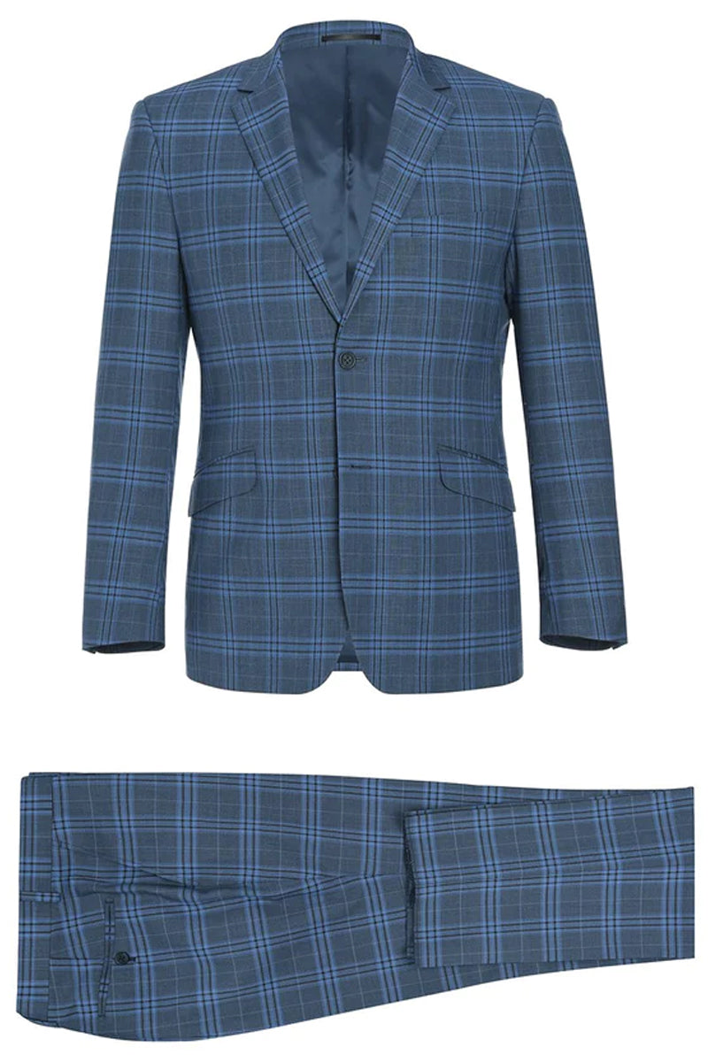 "Blue Windowpane Plaid Men's Slim Fit Two-Button Suit" - 34 Short