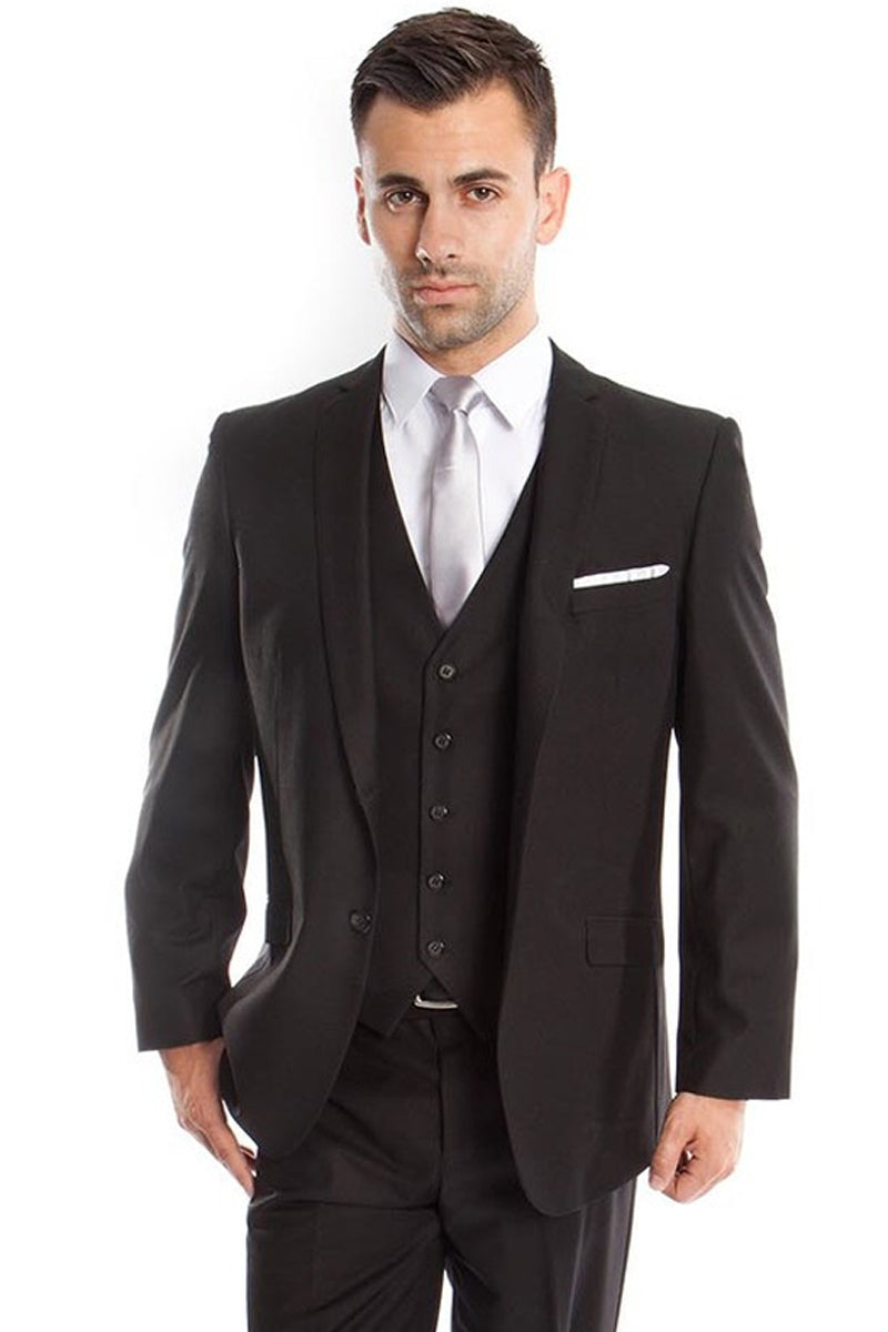 "Black Slim Fit Men's Wedding Suit - Two Button Basic Vested"