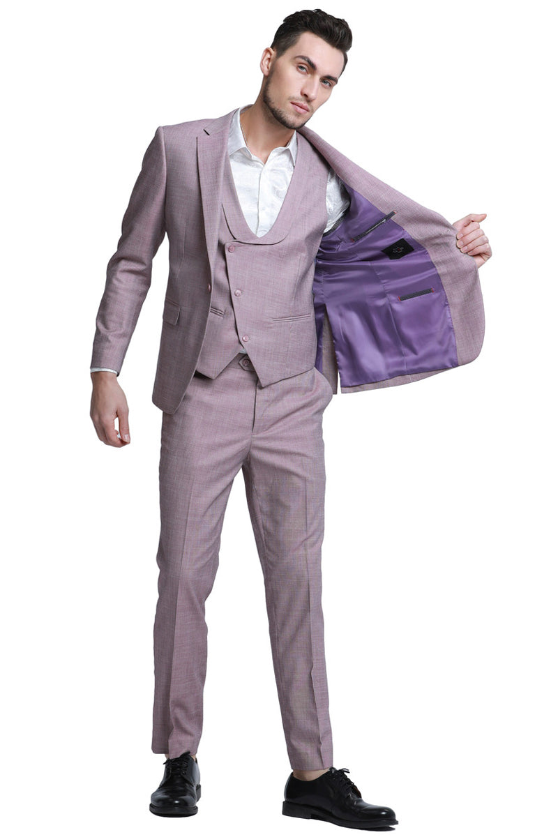 "Rose Pink Sharkskin Wedding Suit: Men's Slim Fit Double Breasted Vest"