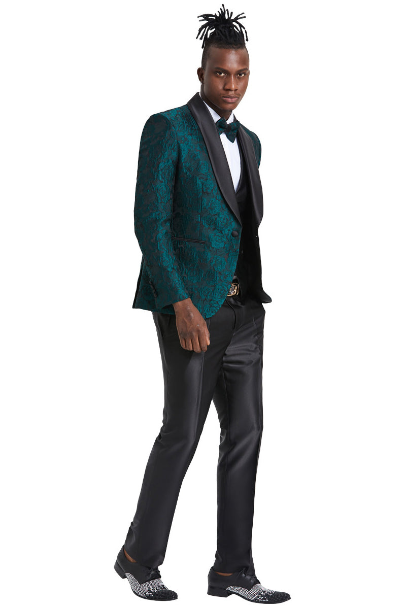 Hunter Green Men's Slim Fit Paisley Floral Prom 2025 Tuxedo with One Button Vest - 44 Regular