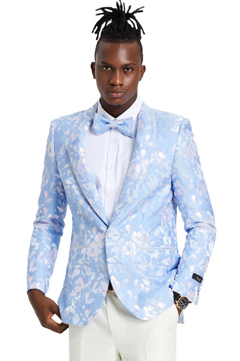 Men's slim fit sky blue & silver paisley foil print tuxedo dinner jacket for prom & wedding - Large