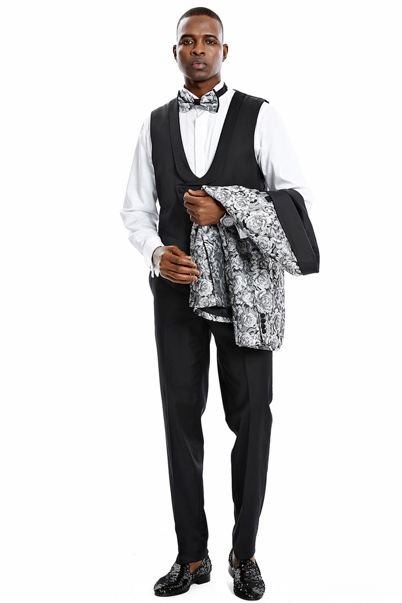 "Silver Men's Slim Fit Paisley Floral Prom 2025 Tuxedo - One Button Vested" - 34 Short