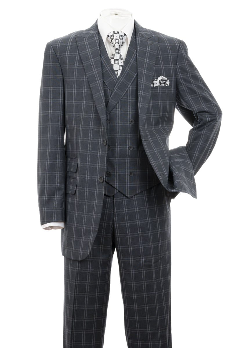 Slim Fit Men Suit 2 Button Charcoal Grey Windowpane Plaid Peak