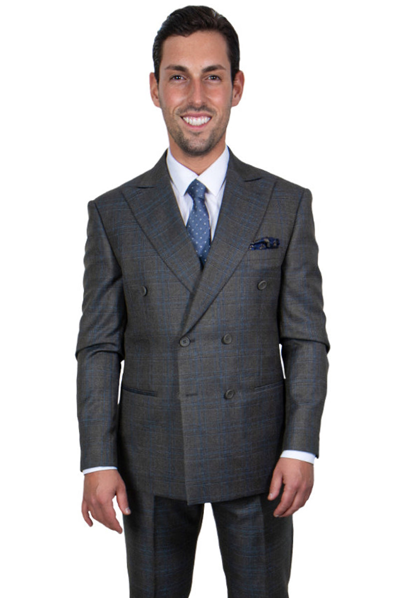 "Mens Stacy Adams Suit - Stacy Adams Suit Men's Double Breasted Charcoal Grey Windowpane Plaid Suit" - 34 Regular