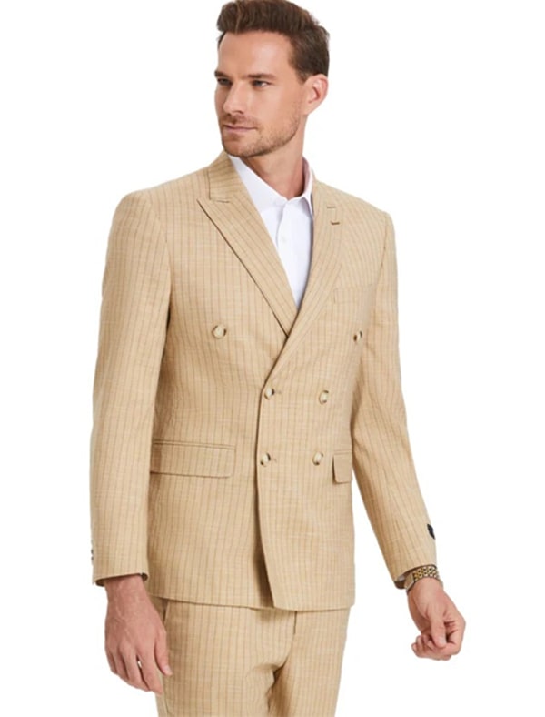Menswear Tan Glen Plaid Double-Breasted Suit - Summer Sophistication - 38 Short Jacket+32 Waist Adjustable 28to34)(Height: 5 4 to5 7 )(Neck  15-16.5)S-M)