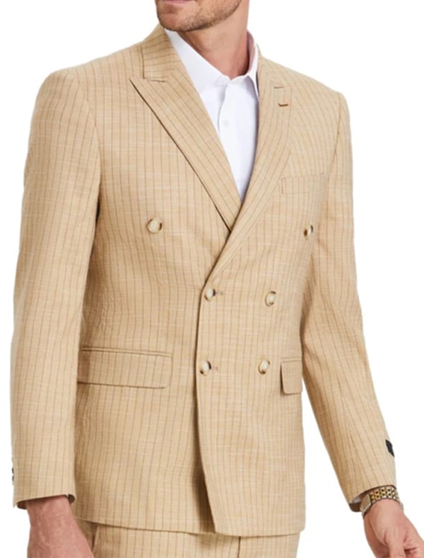 Menswear Tan Glen Plaid Double-Breasted Suit - Summer Sophistication - 38 Short Jacket+32 Waist Adjustable 28to34)(Height: 5 4 to5 7 )(Neck  15-16.5)S-M)