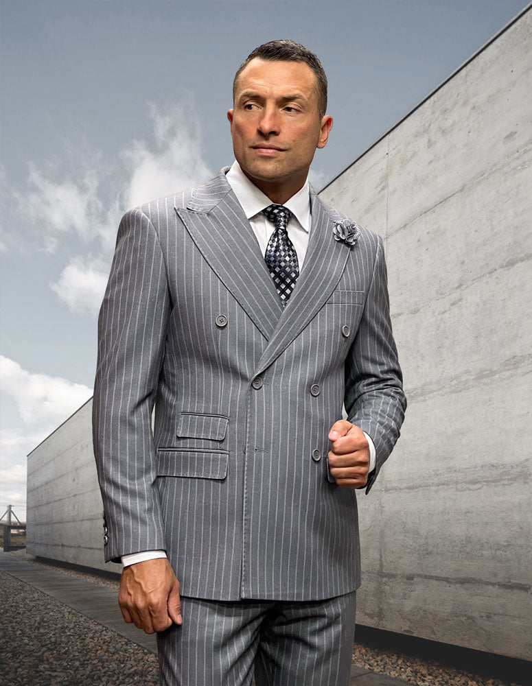 Double Breasted Suits - Vested Suits Wool Fabric - Gray Stripe Suit - New Arrival