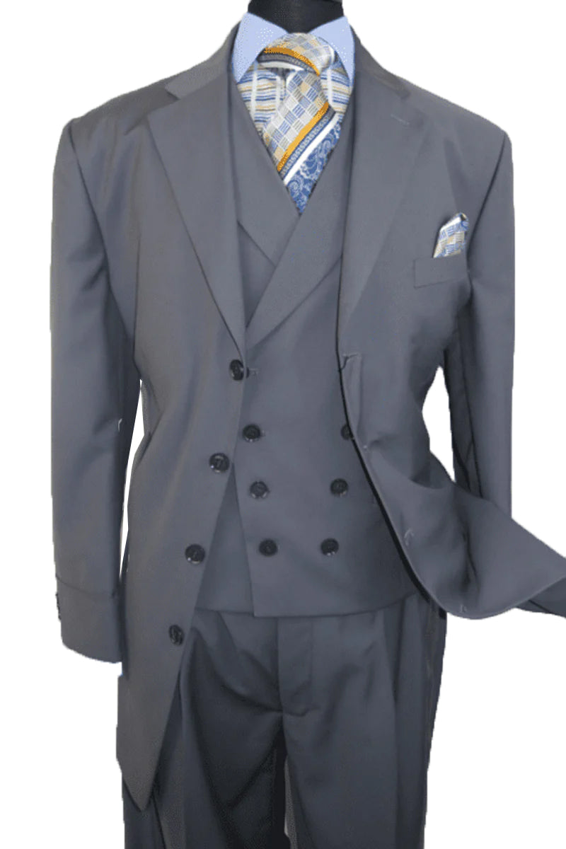 "Grey Men's 4-Button Suit with Double-Breasted Vest - Fashionable Attire" - 38 Long