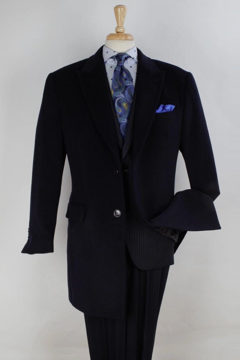 "Navy Wool Car Coat for Men 2 Button, Peak Lapel, Three Quarter Leng