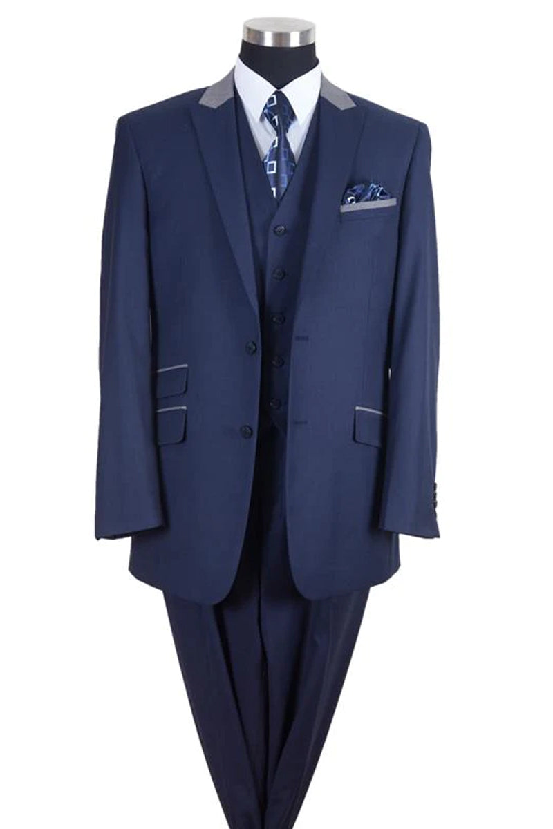 "Peak Lapel 2-Button Men's Suit with Vest - Navy & Silver Grey Contrast Collar"