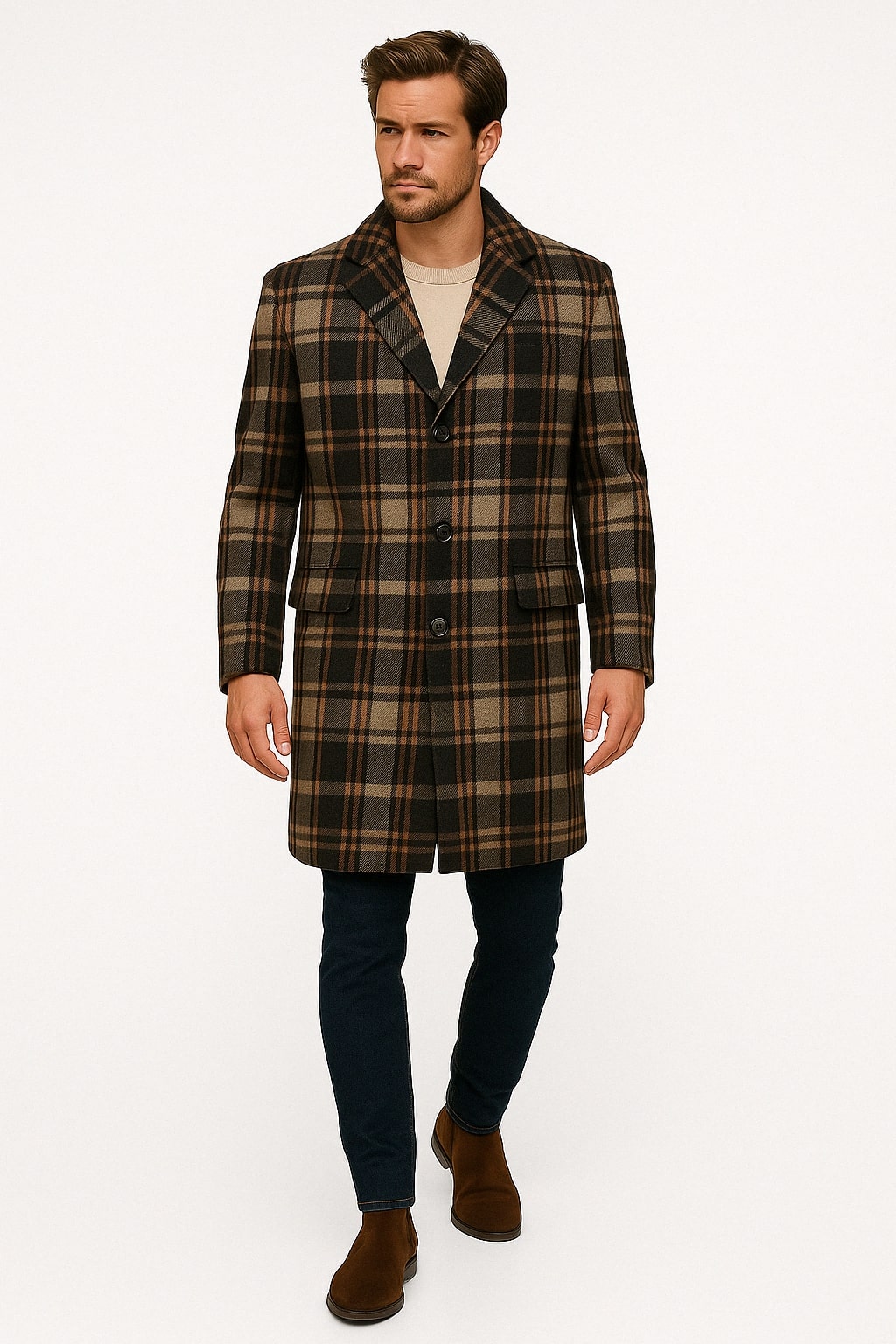 Mens Plaid Wool Overcoat – Khaki and Brown and Cream Check Pattern Winter Coat - Coat Size 38