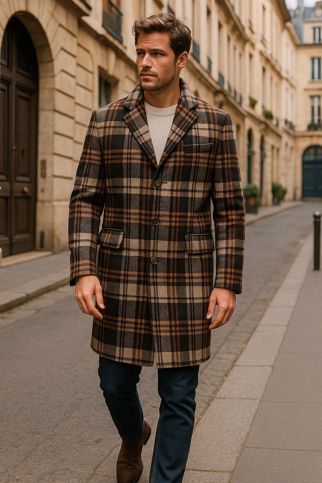 Mens Plaid Wool Overcoat – Khaki and Brown and Cream Check Pattern Winter Coat - Coat Size 38