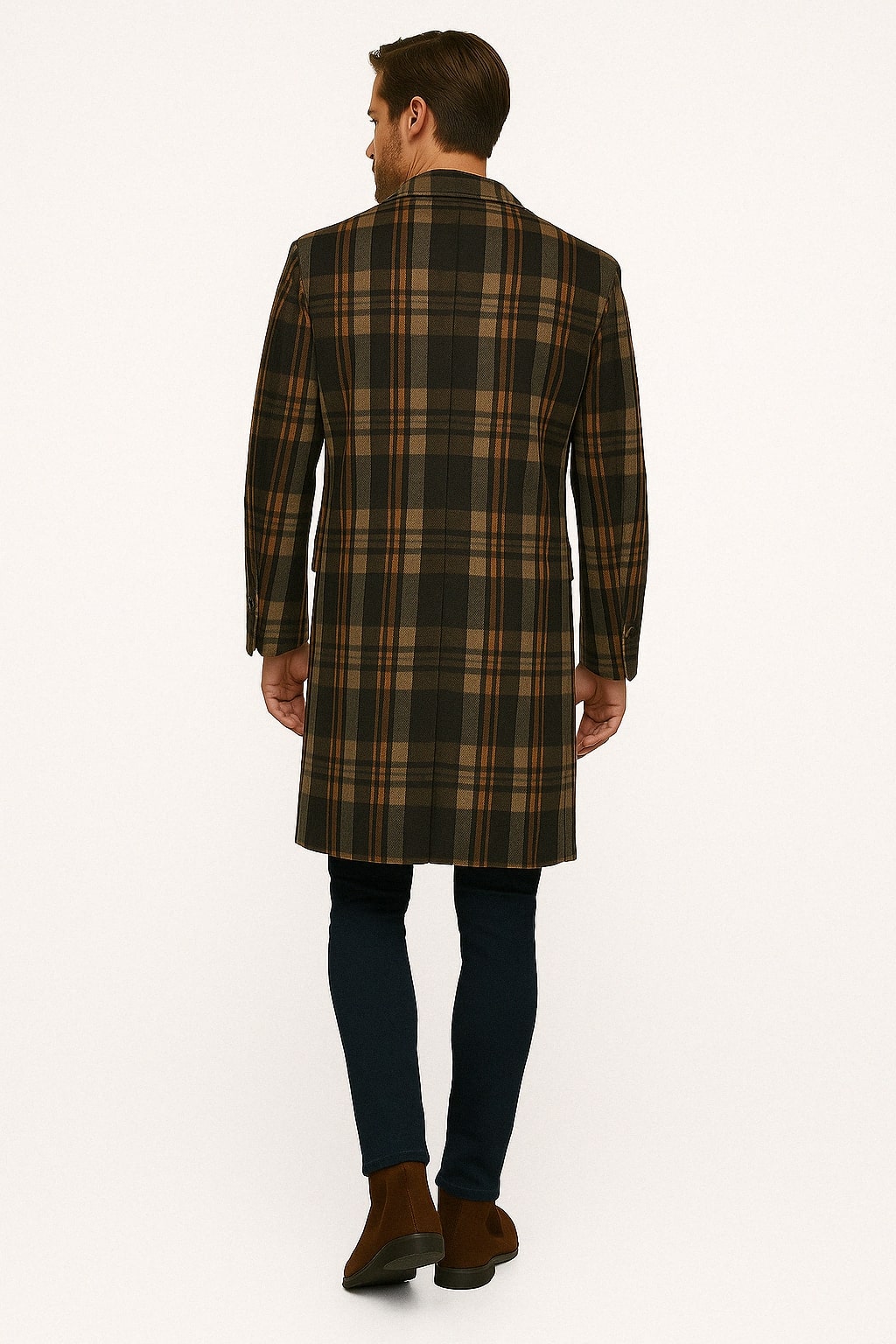 Mens Plaid Wool Overcoat – Khaki and Brown and Cream Check Pattern Winter Coat - Coat Size 38