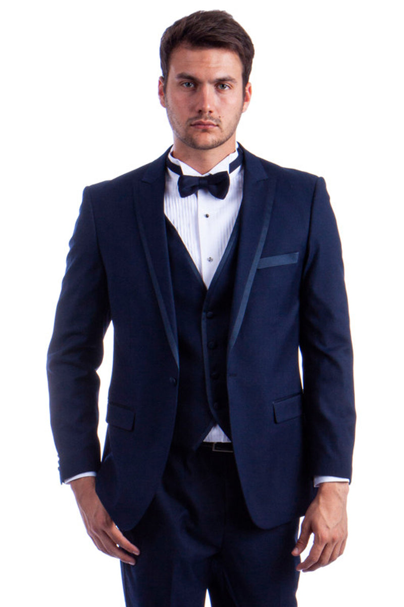 "Navy Blue Men's Wedding Tuxedo with Satin Trim - One Button Peak"