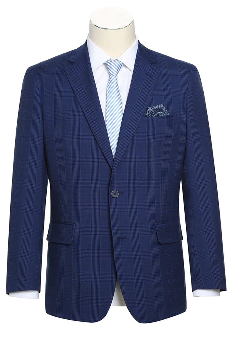 "Classic Fit Two Button Men's Blazer - Dark Navy Blue Windowpane Plaid" - 34 Short