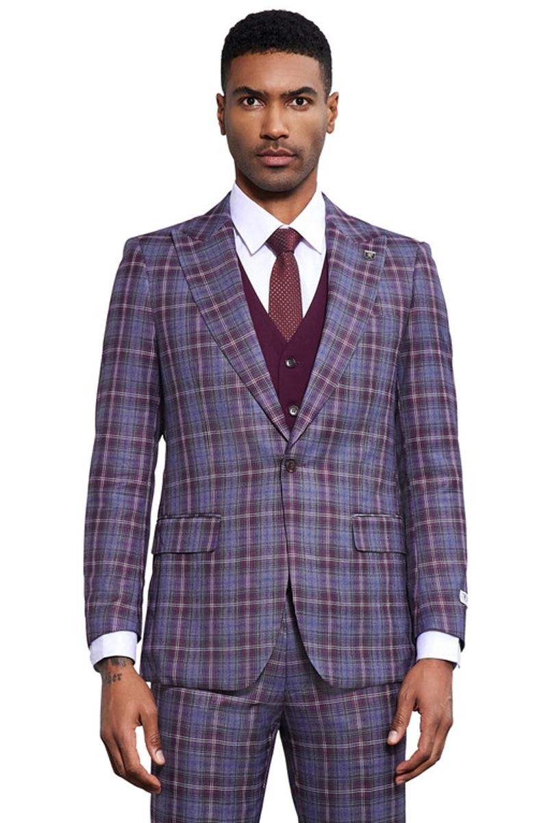 Men's Stacy Adams Bold Windowpane Plaid Print Vested Suit in Lavender & Purple - 38 Regular