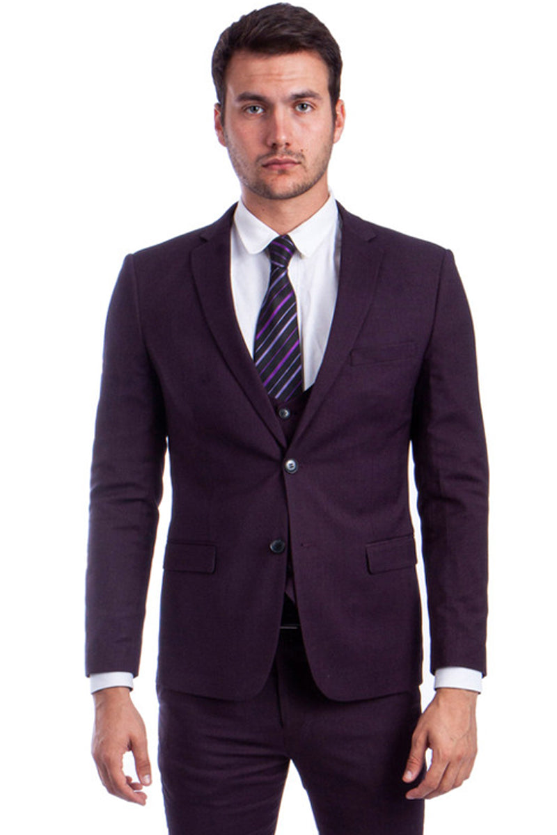 "Burgundy Men's Skinny Fit Vested Suit - Two Button Style" - 34 Short