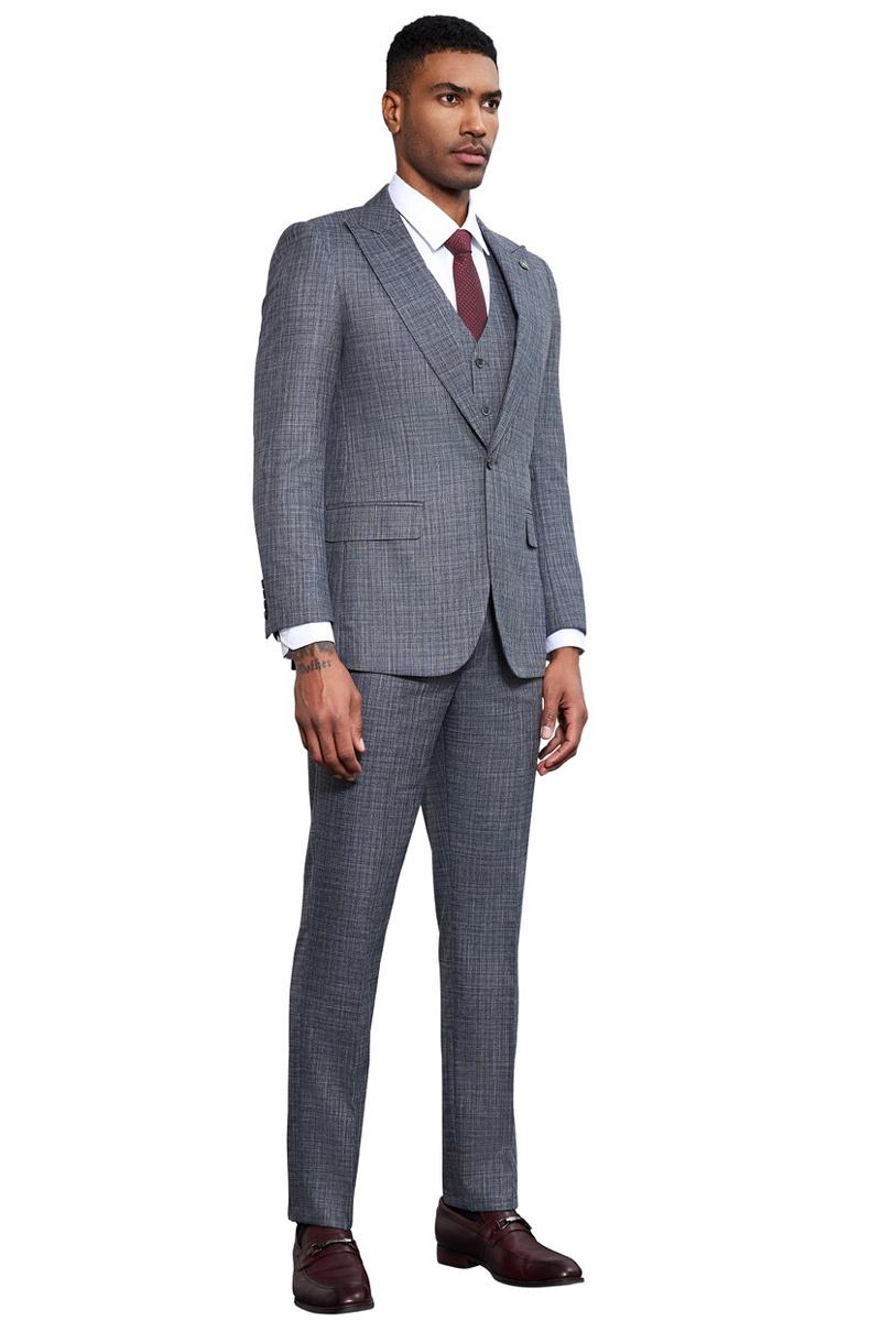Men's Stacy Adams Vested Sharkskin Weave Pattern Suit in Grey - 38 Regular