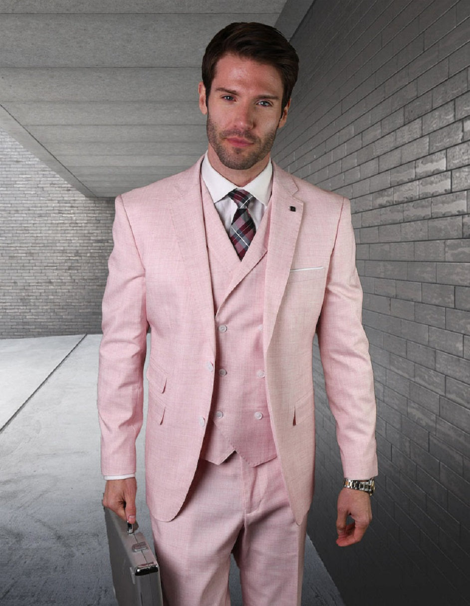 Mens 2 button Slim Fit Suit with Double Breasted Vest in Pink - 38 Short