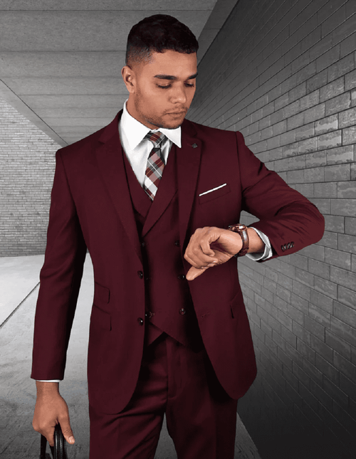 Mens 2 Button Slim Suit With Double Breasted Vest in Burgundy