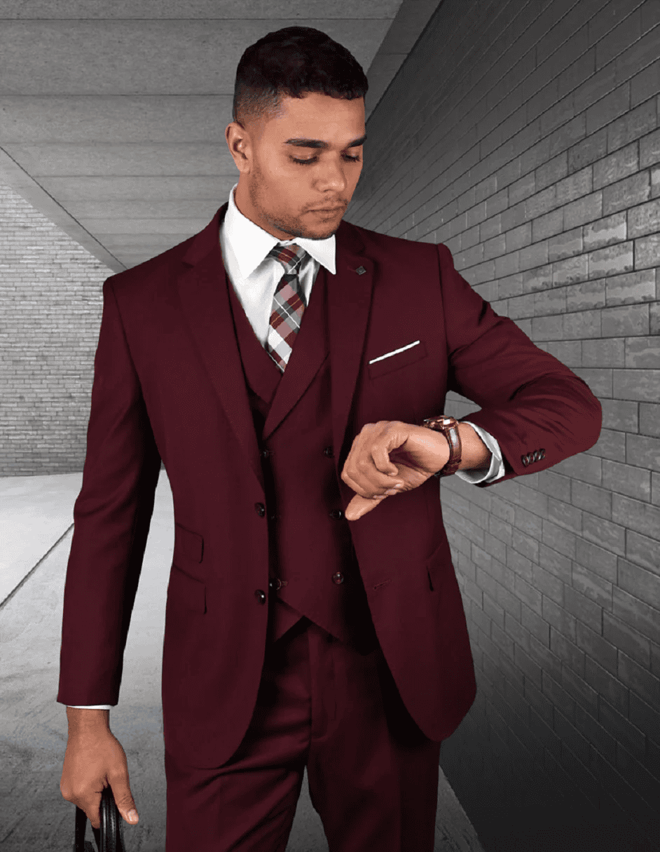 Mens 2 Button Slim Suit With Double Breasted Vest in Burgundy