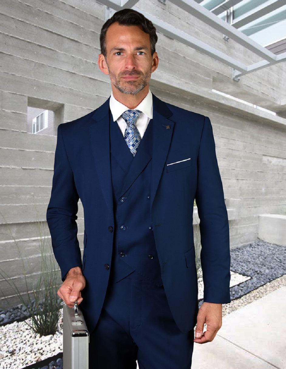 Men's 2 Button Slim Fit Wool Suit With Double Breasted Vest Sapphire​ Blue 38 Short Jacket+32 Waist Adjustable 28to34)(Height: 5 4 to5 7 )(Neck 15-