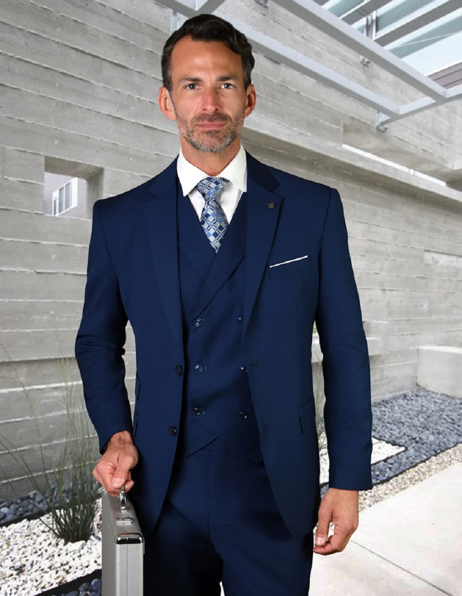 100 Percent Wool Slim Fit  Suit - Mens Business Sapphire  Blue Suits