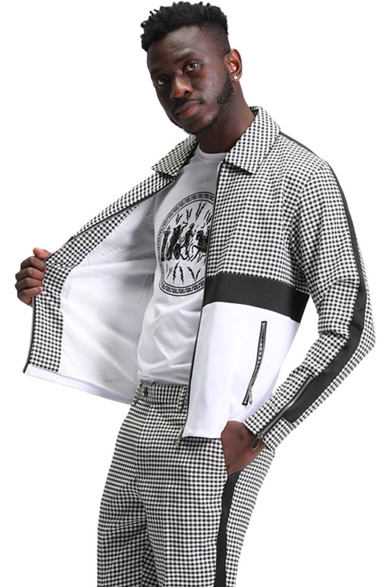 Houndstooth Men's Casual Walking Suit Jacket & Pant Set in Black - X-Small