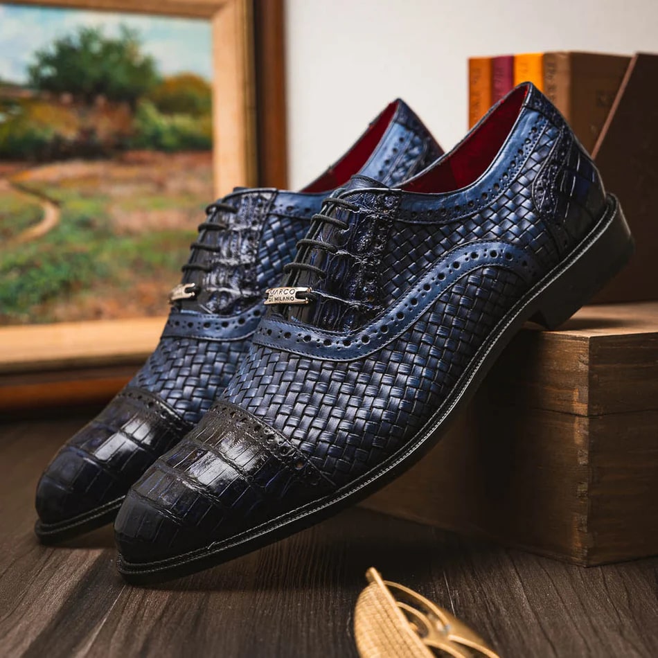 Marco Di Milano John Men's Shoes Exotic Caiman Crocodile / Woven Leather Dress Oxfords - 8.5