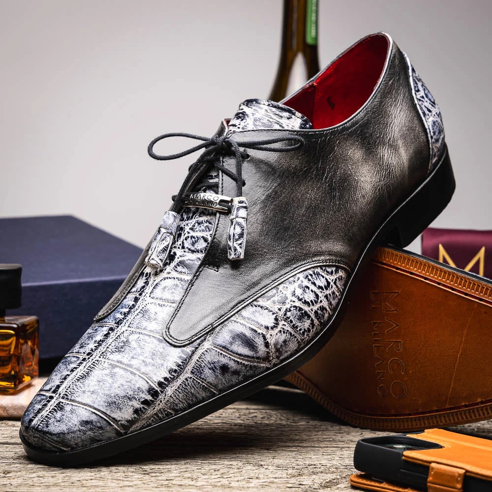 Marco Di Milano Anzio Exotic Alligator & Calfskin Leather Newspaper & Gray Oxfords - 8