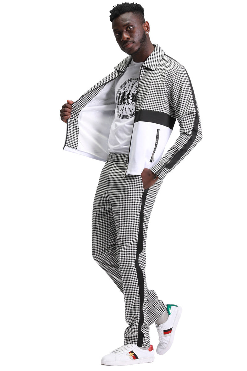 Houndstooth Men's Casual Walking Suit Jacket & Pant Set in Black - X-Small