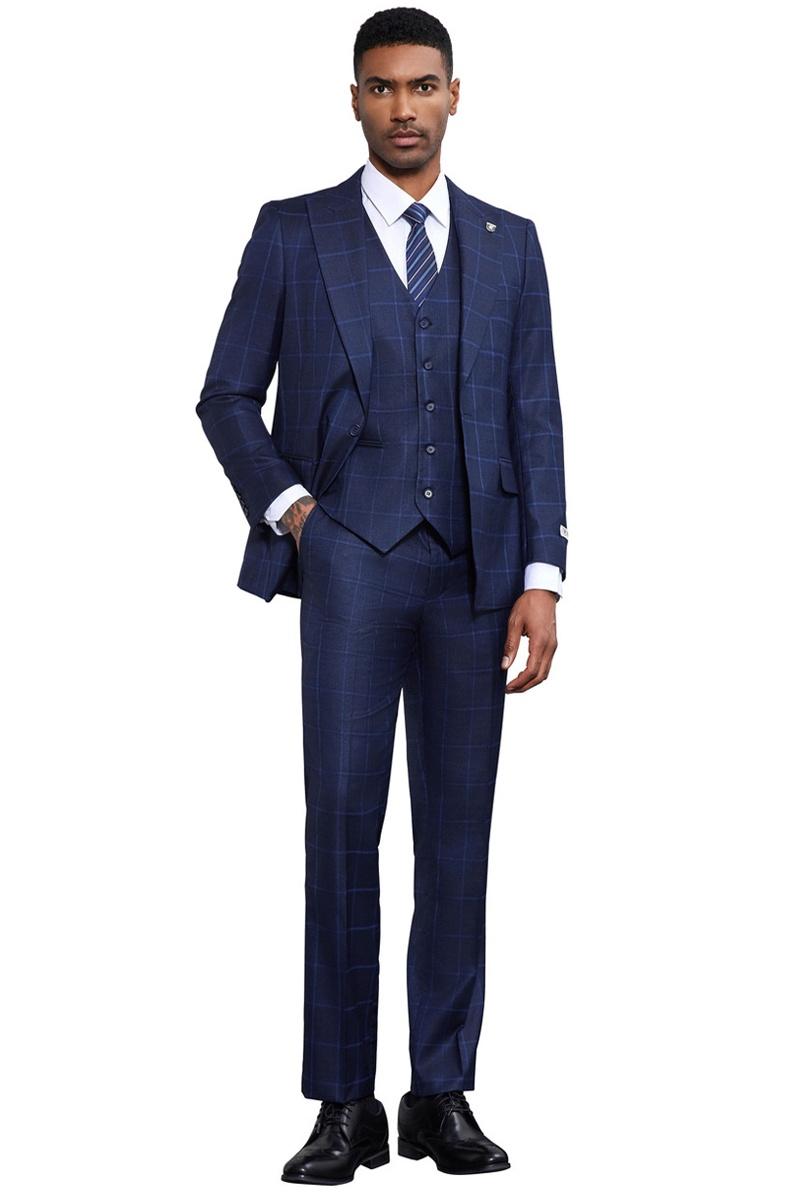 Men's Stacy Adams Classic One Button Vested Windowpane Suit in Navy Blue - 38 Regular