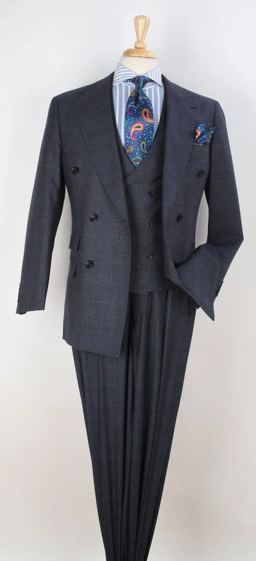 Apollo King Men's Outlet 3 Piece 100% Wool Suit Fashion Windowpane-New Designer Collection