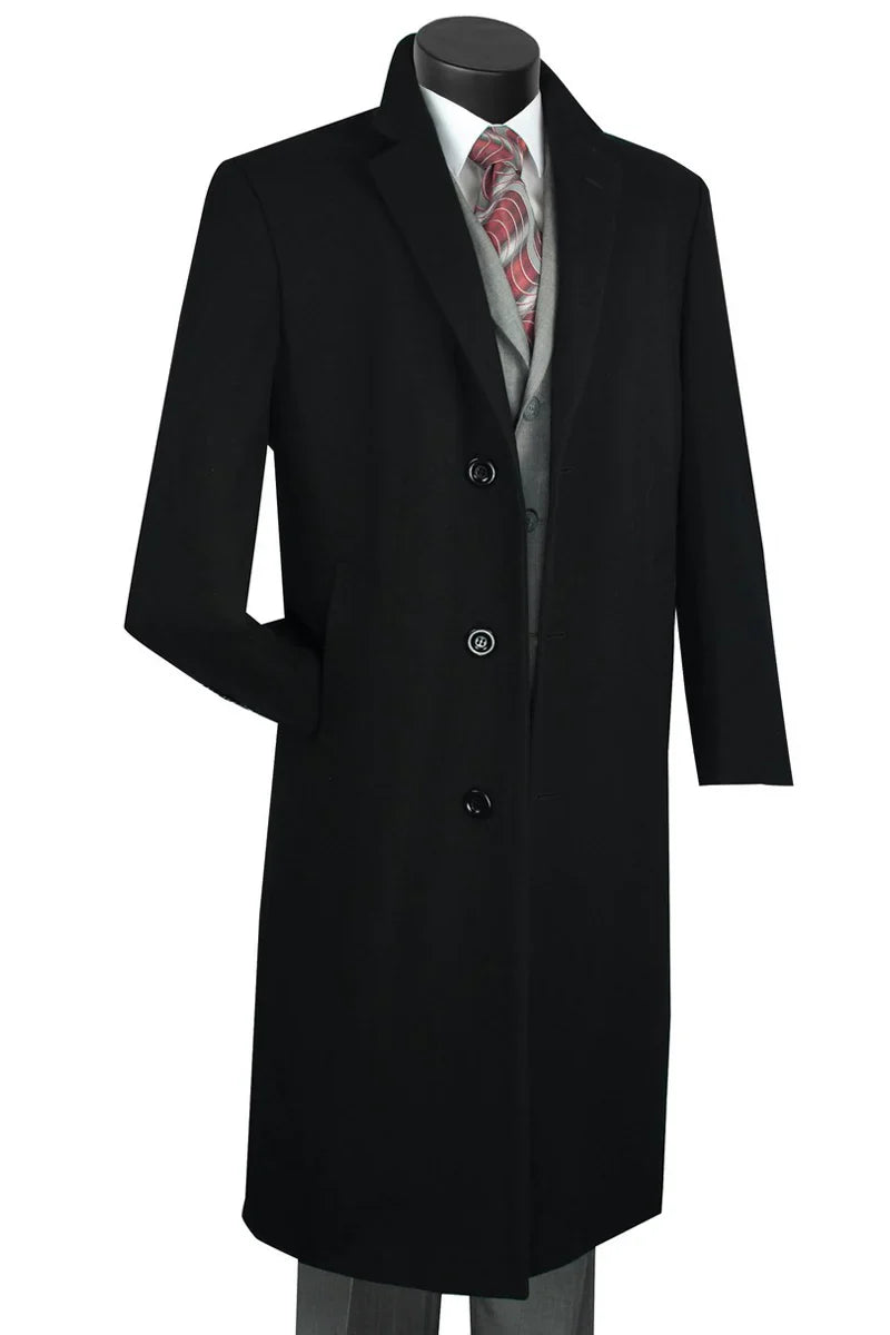 Men's Black Wool & Cashmere Overcoat – Classic Full Length Topcoat - Small