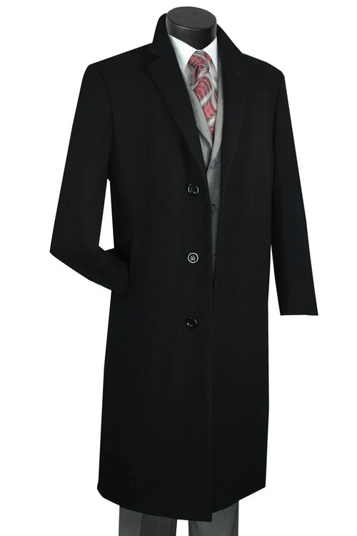 Men's Black Wool & Cashmere Overcoat Classic Full Length Topcoat
