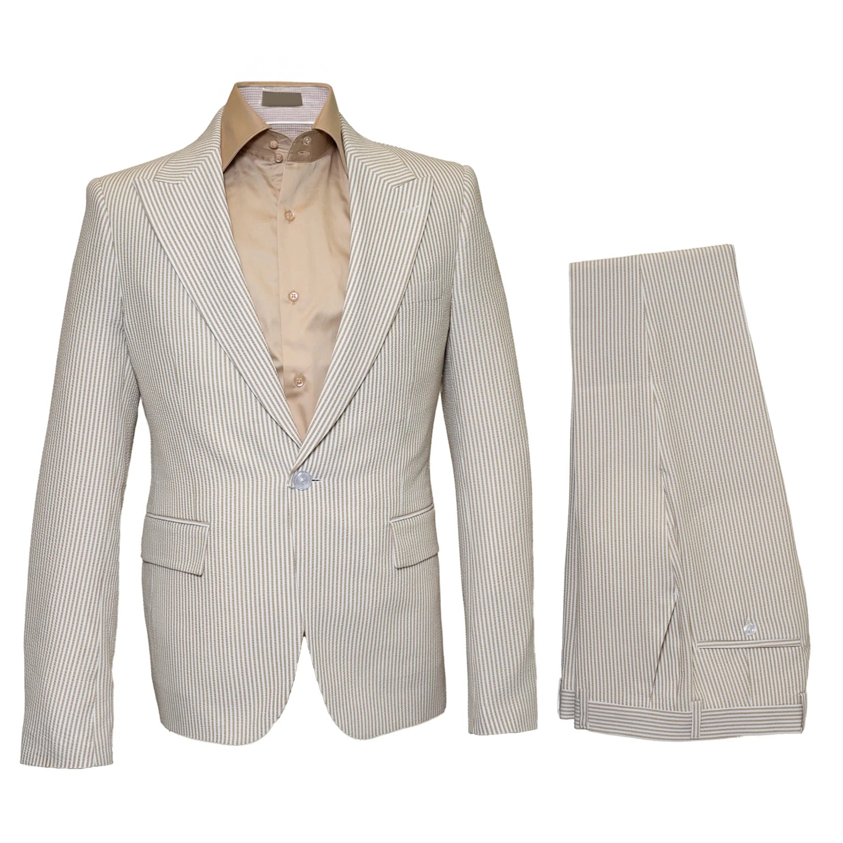 Seersucker Suit Peak Lapel Suit in Color "Beige" - Summer Fabric Tone on Tone Shadow Stripe By Rossiman - 34 Short or Extra Small