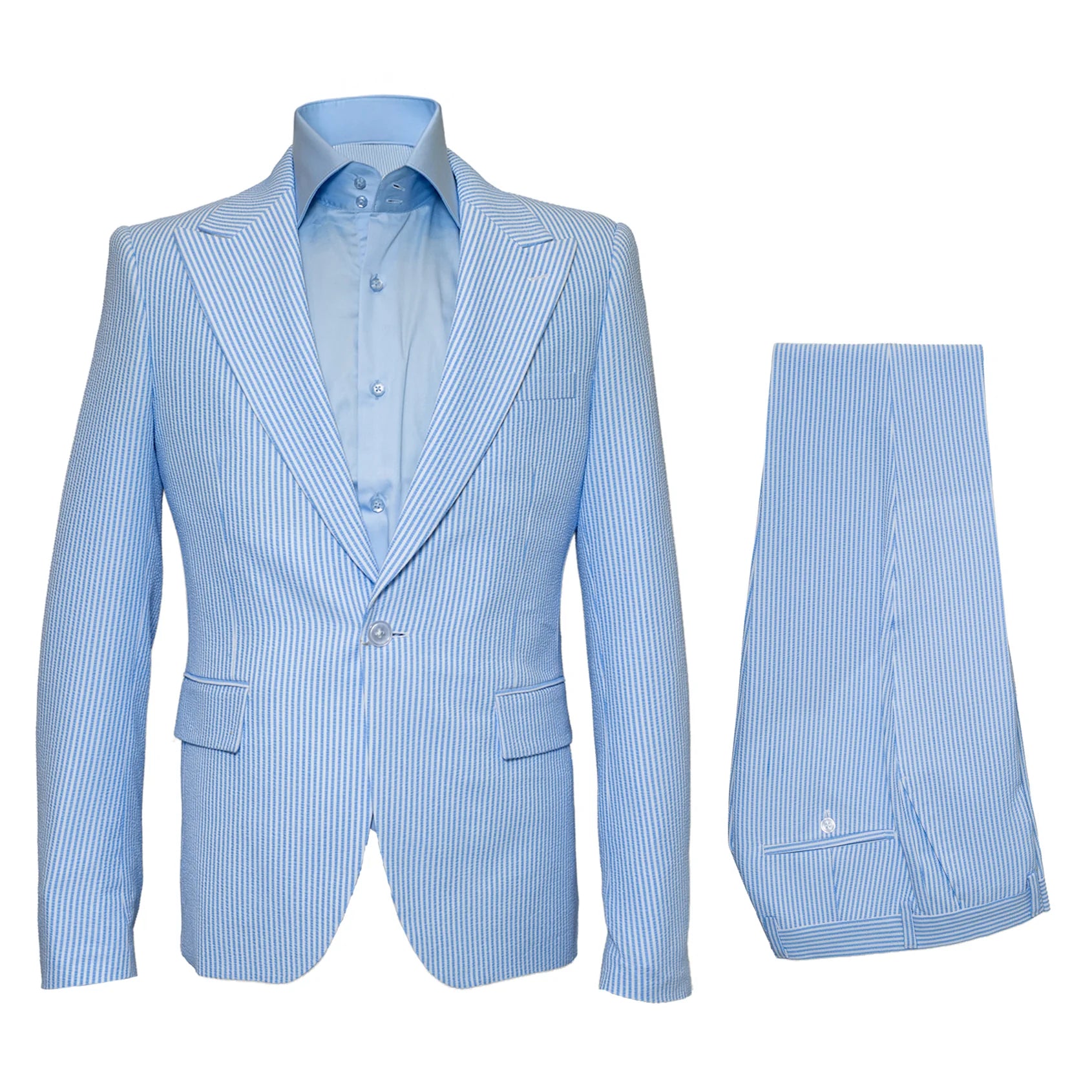 Seersucker Suit Peak Lapel Suit in Color "BLUE" - Summer Fabric Tone on Tone Shadow Stripe By Rossiman - 34 Short or Extra Small