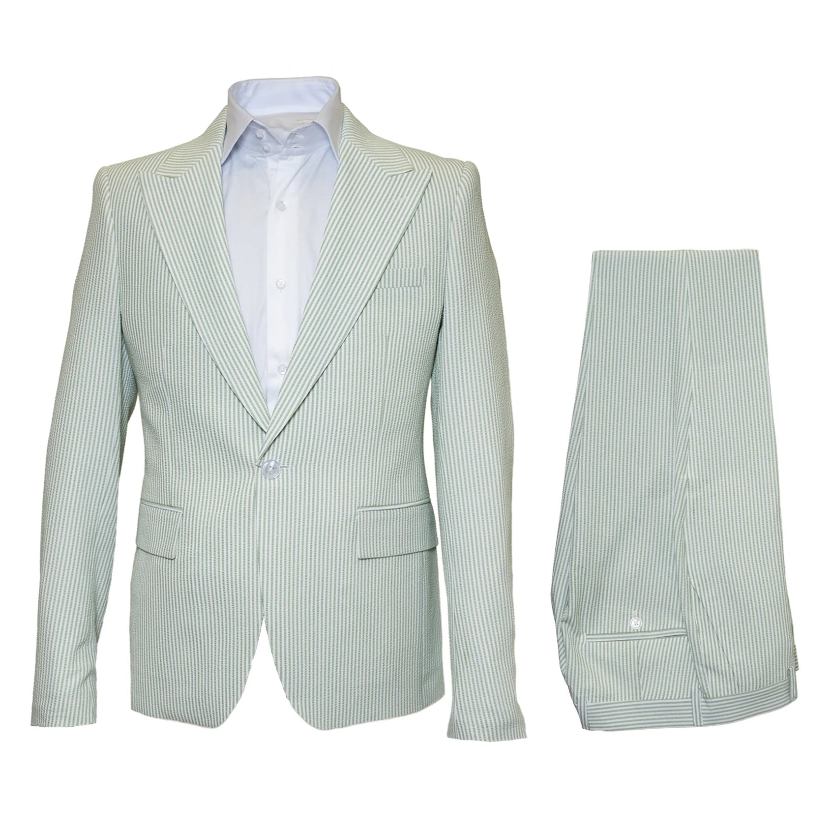 Seersucker Suit Peak Lapel Suit in Color "Light Green" - Summer Fabric Tone on Tone Shadow Stripe By Rossiman - 34 Short or Extra Small