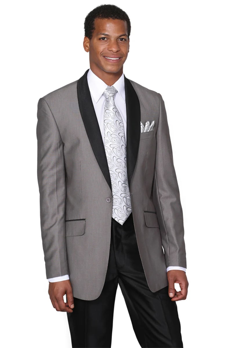 Mens 1 Button Black Shawl Lapel Tuxedo in Grey - 38 Short Jacket+32 Waist Adjustable 28to34)(Height: 5 4 to5 7 )(Neck 15-16.5)S-M)