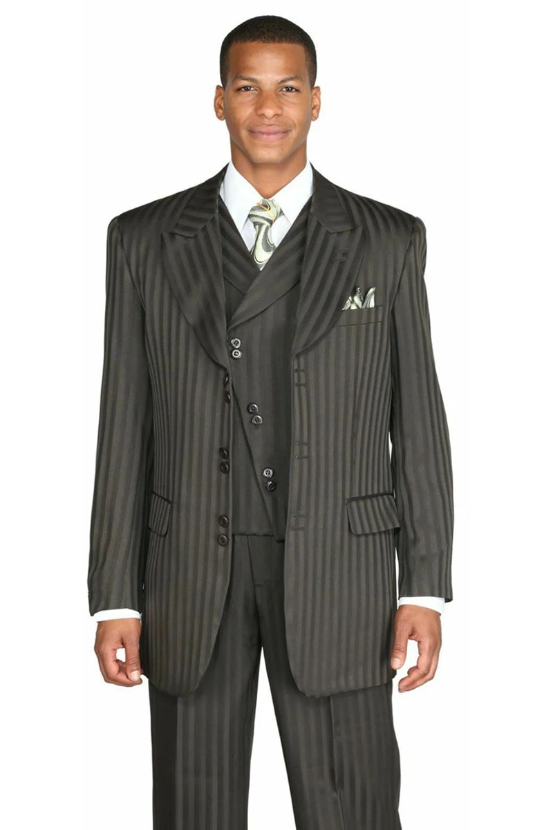 Mens Vested Wide Peak Lapel Ton on Ton Stripe Fashion Suit in Olive - 38 Short Jacket+32 Waist Adjustable 28to34)(Height: 5 4 to5 7 )(Neck 15-16.5)S-M)